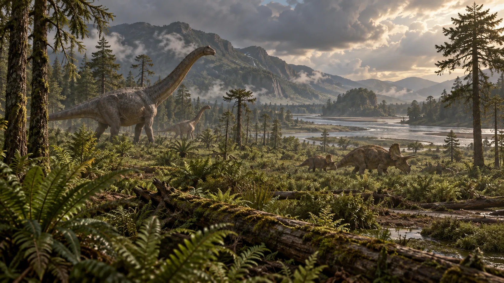 AI-generated conceptual prehistoric ecosystem showing diverse animals and vegetation.