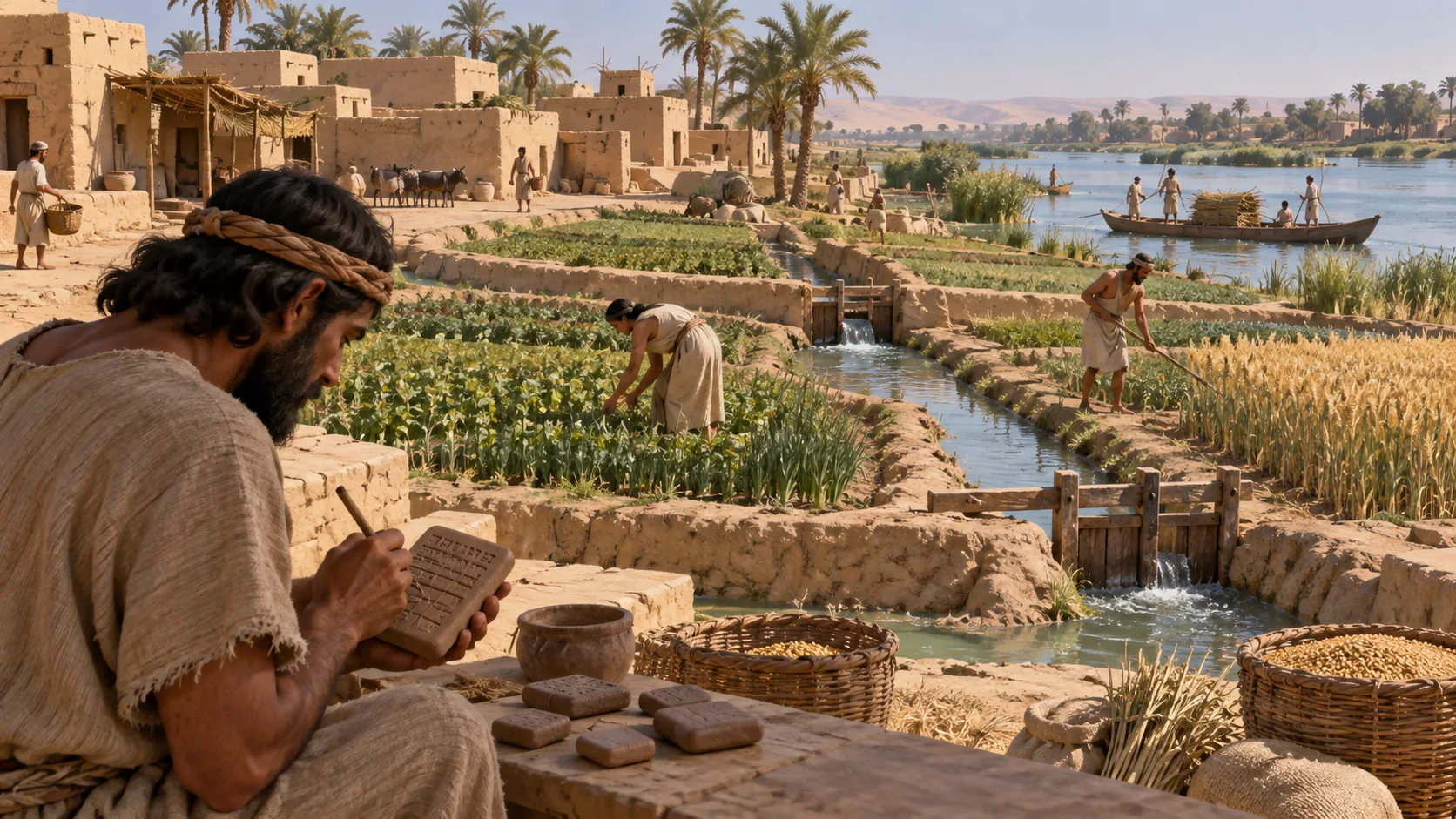 AI-generated reconstruction of an early river settlement with fields, irrigation, and a person marking clay.