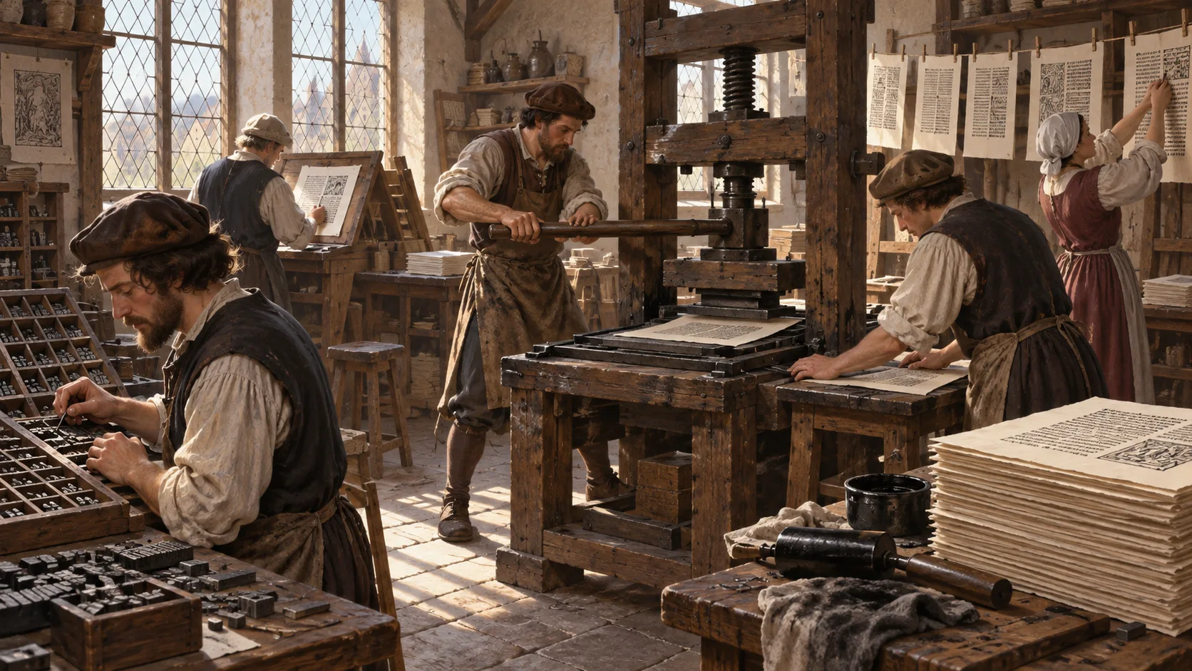 AI-generated reconstruction of a mid-fifteenth-century European printing workshop with workers operating a press.