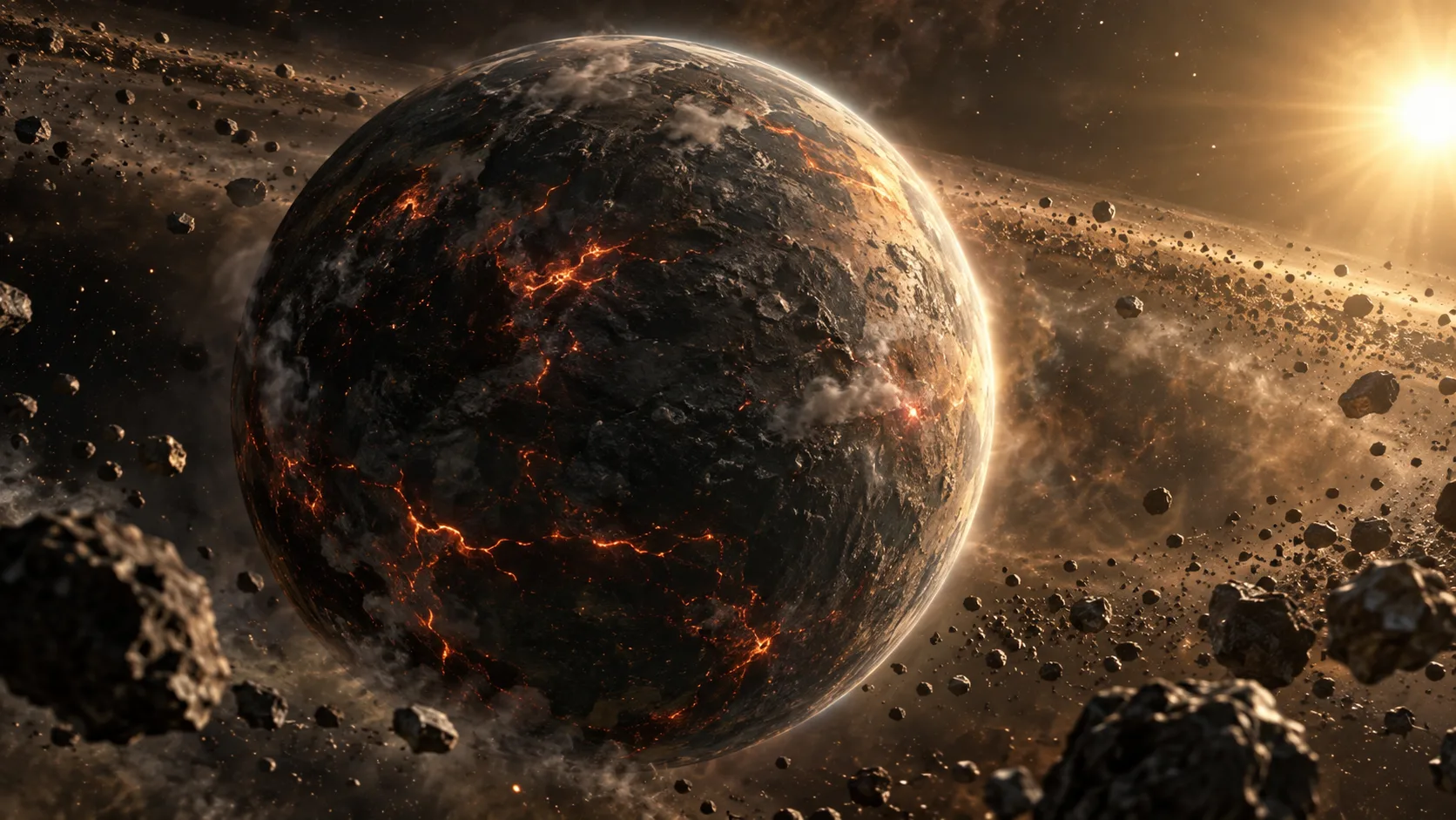 AI-generated conceptual reconstruction of a volcanic young Earth with a surface beginning to cool.