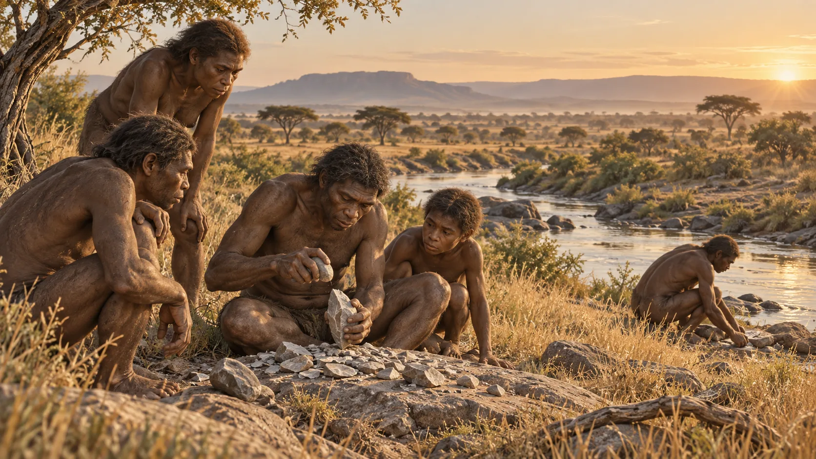 AI-generated reconstruction of early humans shaping stone tools in an African savanna.