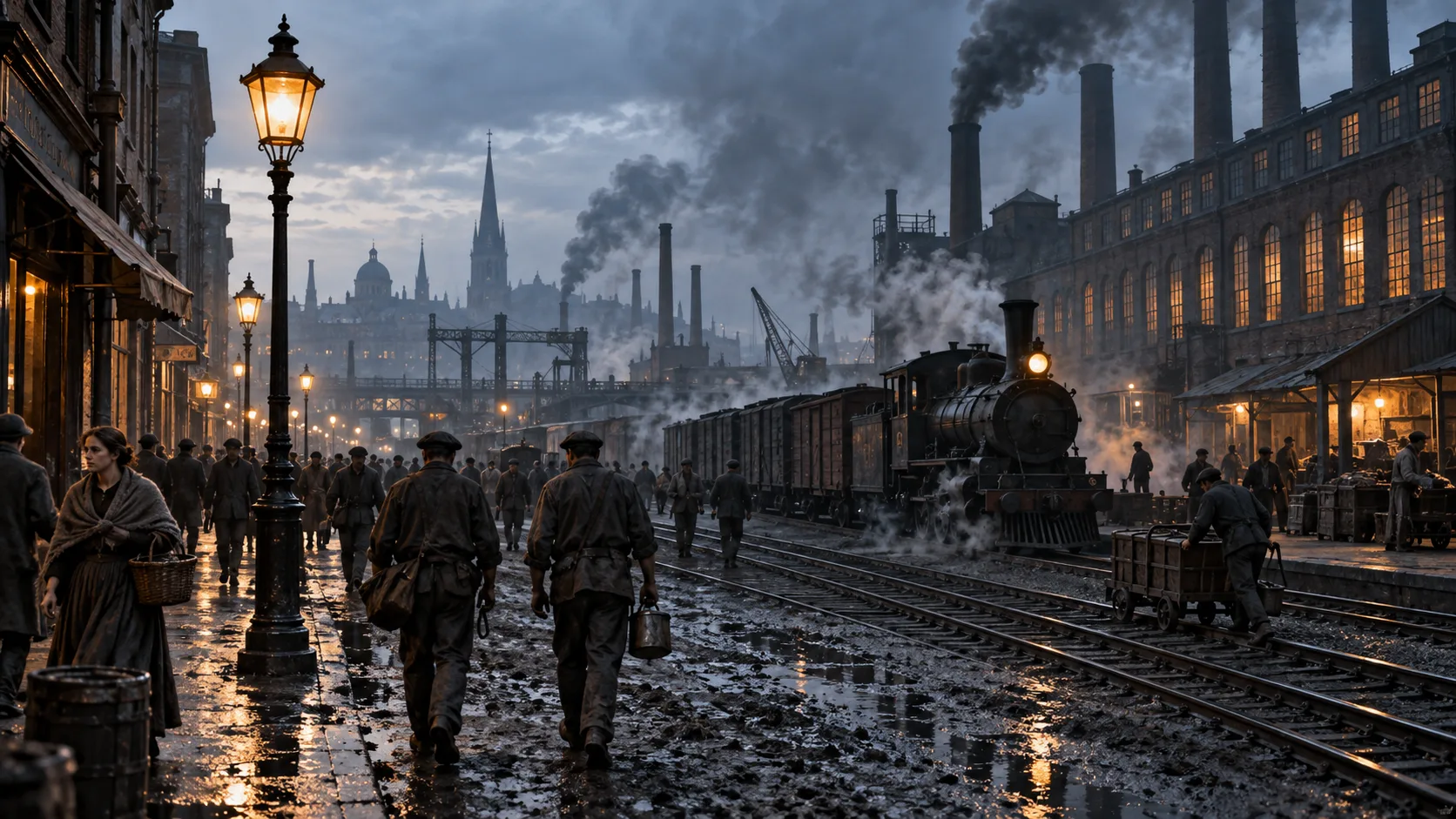 AI-generated reconstruction of a smoky nineteenth-century industrial street with workers, factories, and a steam train.
