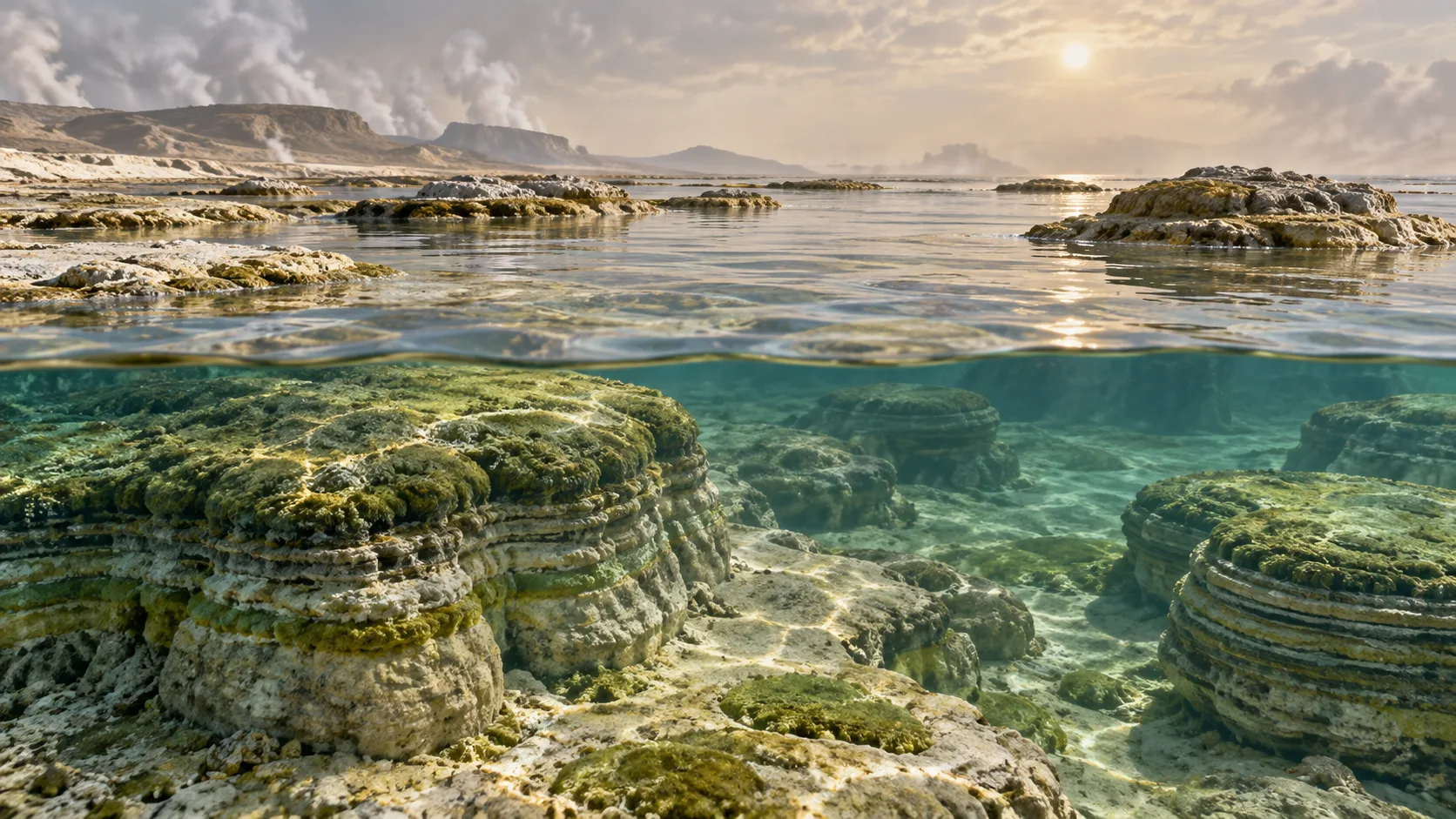 AI-generated conceptual reconstruction of microbial mats in an ancient shallow sea, without large plants or animals.