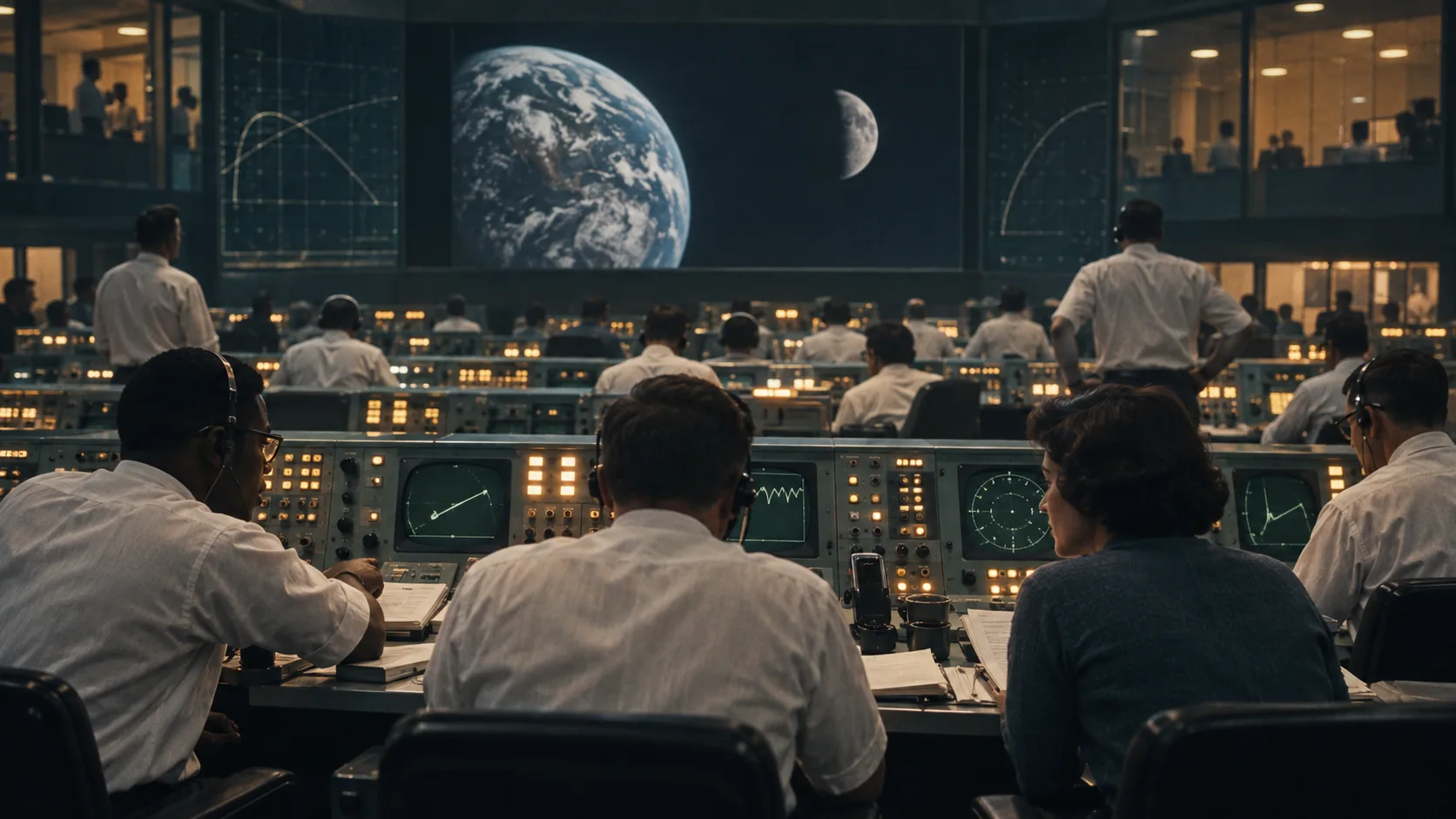 AI-generated reconstruction of a 1960s space mission control room with analog consoles and an Earth-and-Moon display.