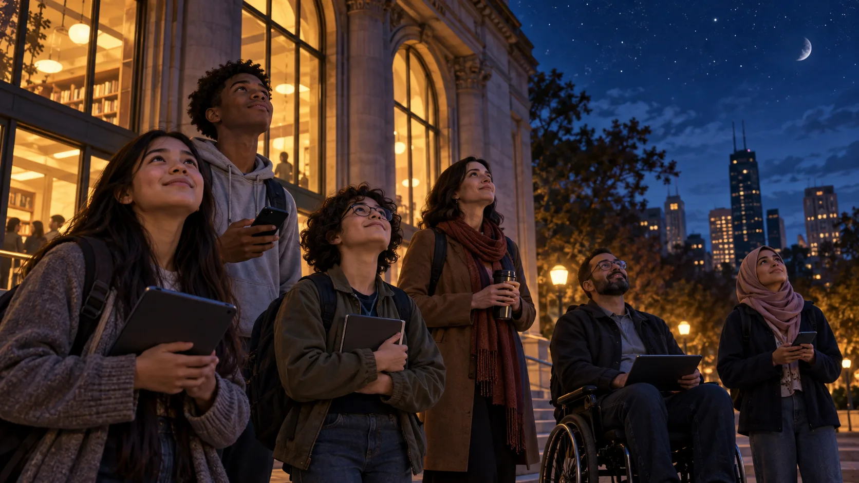 AI-generated contemporary scene of people under a city night sky using connected handheld devices.