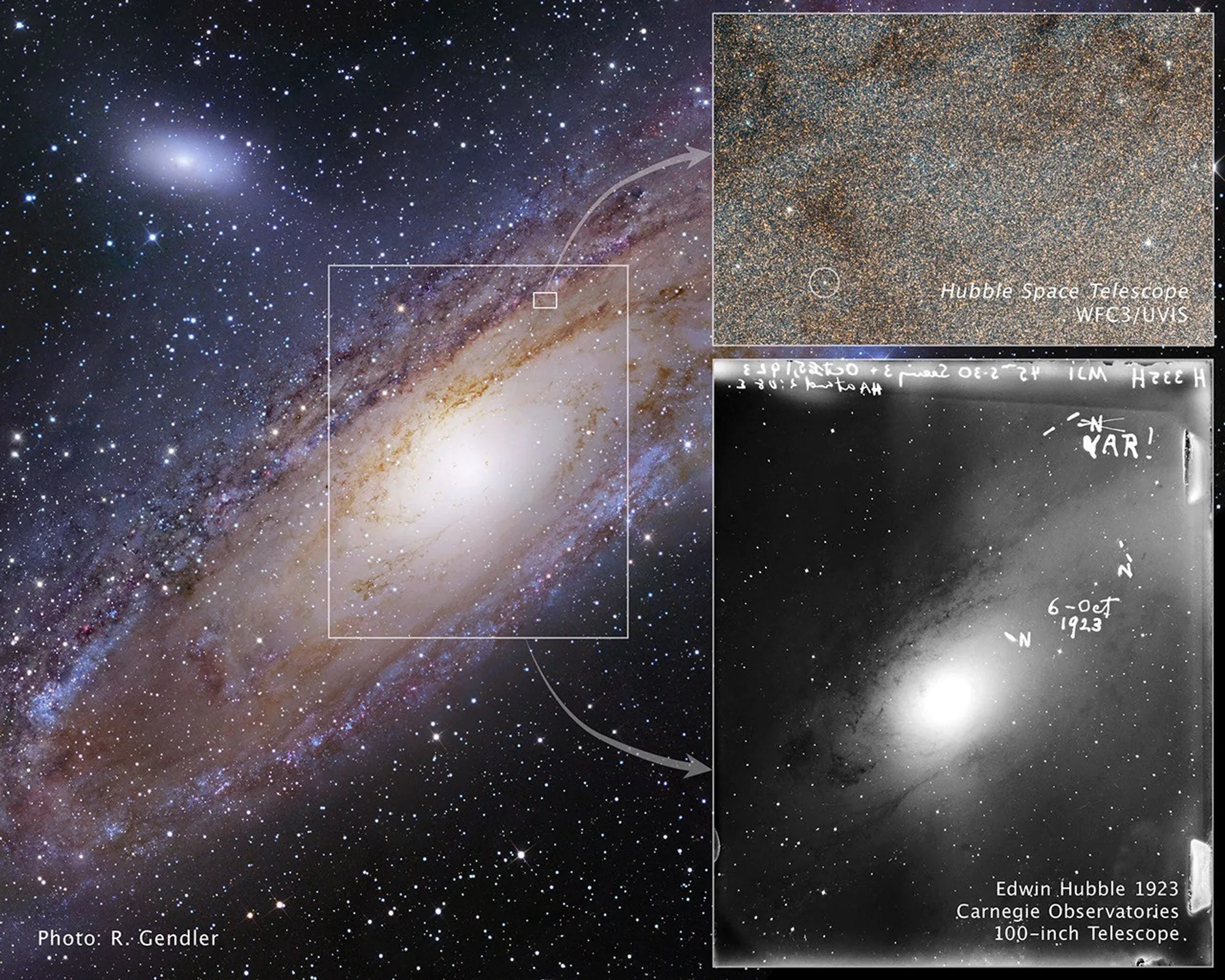 An illustrated montage of the Andromeda galaxy, a modern star-field inset, and a copy of Hubble's 1923 glass plate marked VAR!