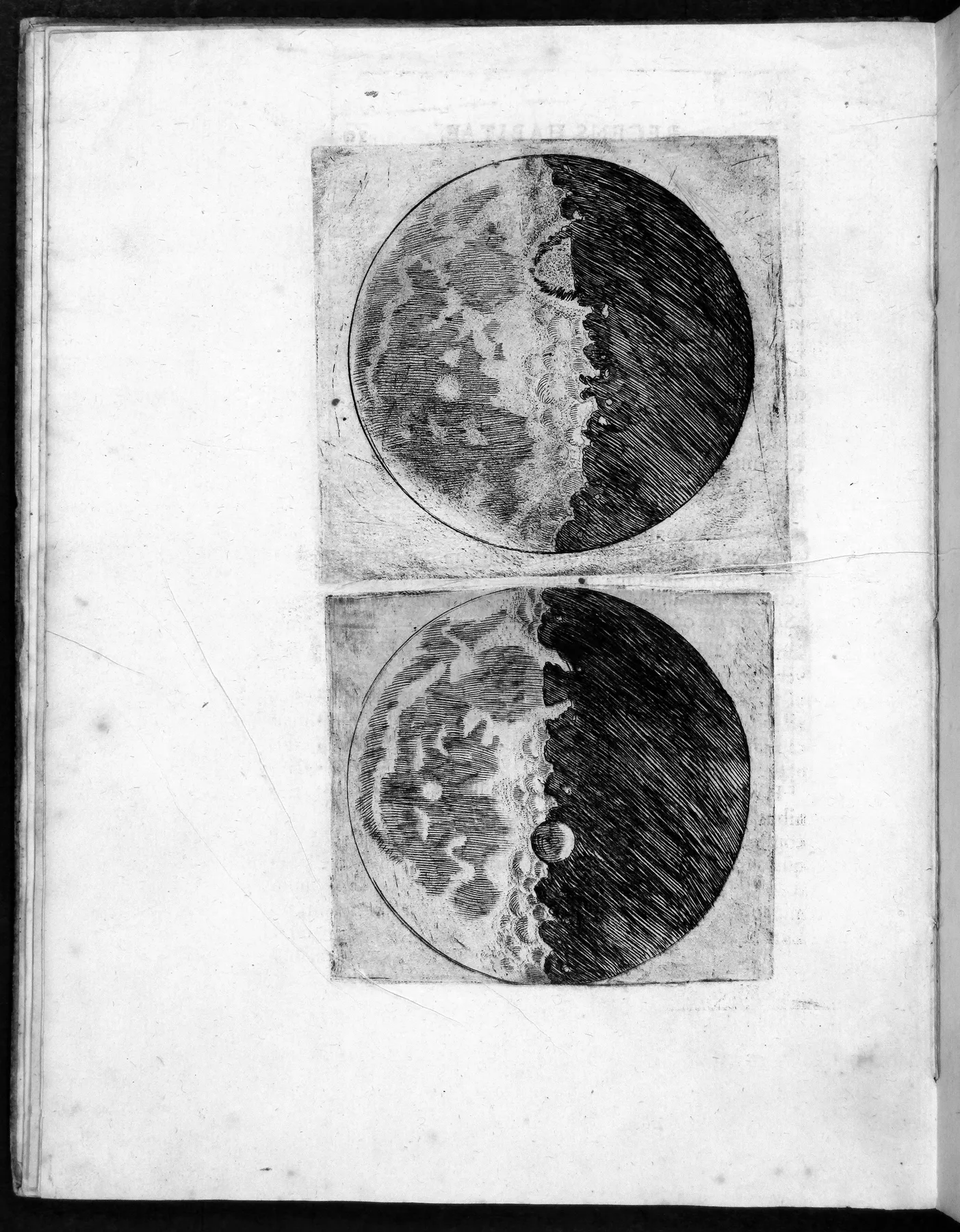 Two of Galileo's black-and-white drawings of the partly lit Moon, with dark shading and an uneven edge between light and shadow.