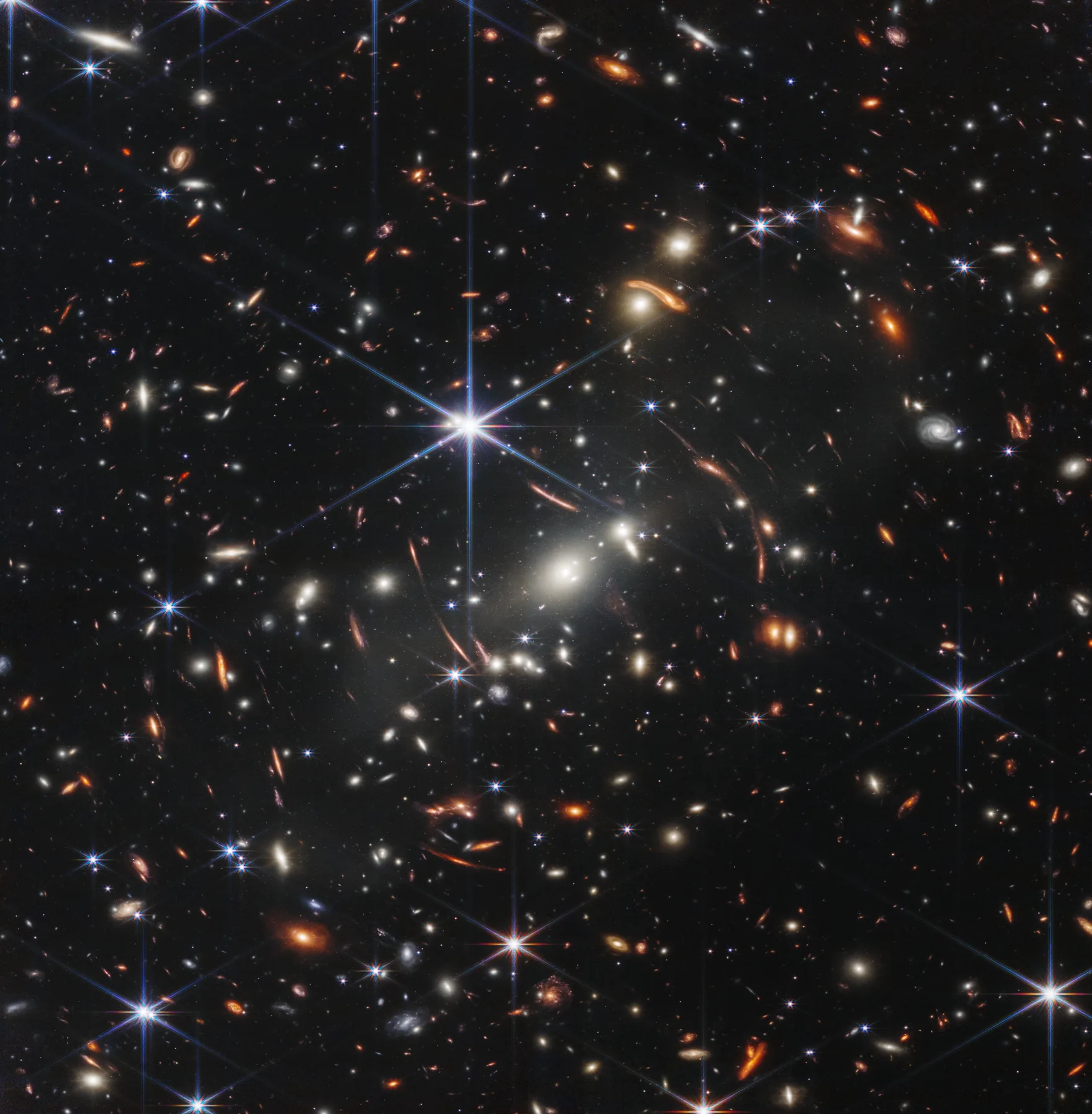 Thousands of galaxies and bright foreground stars in Webb's first deep field